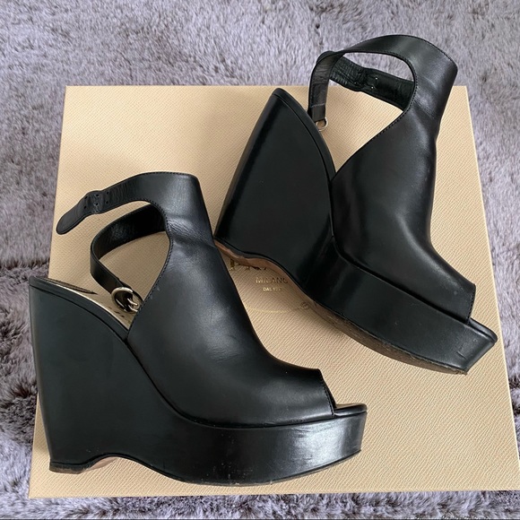 Prada black leather cuff ankle wedge platform US 7 - Picture 3 of 5